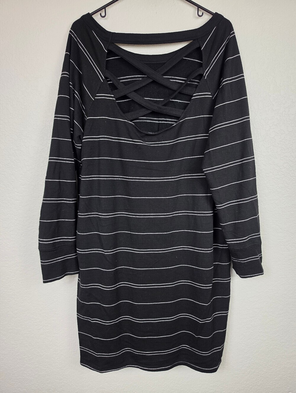 Maurices Black and White Striped Long Sleeve Dress with Crisscross Back Detail
